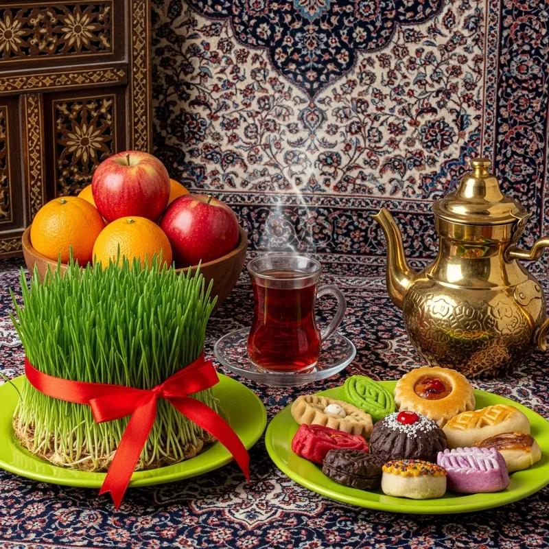Vibrant Persian Still Life with Teapot, Pastries & Fruits
