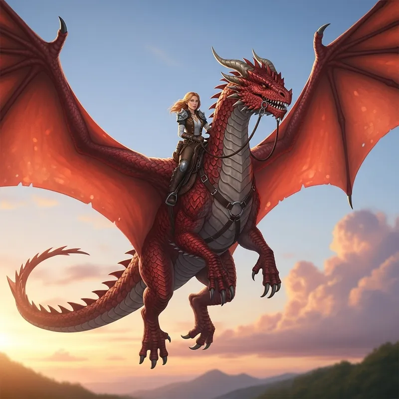 Red Dragon and Female Owner Riding in Majestic Harmony