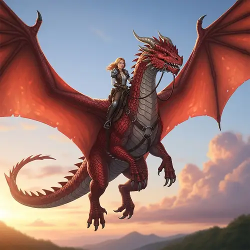 Majestic Red Dragon with Resolute Female Rider in Sunset Harmony