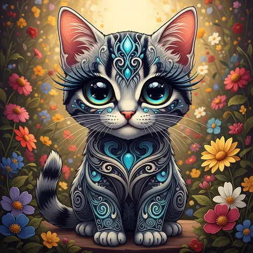 Futuristic Royal Kitten with Expressive Eyes | Art Nouveau Design