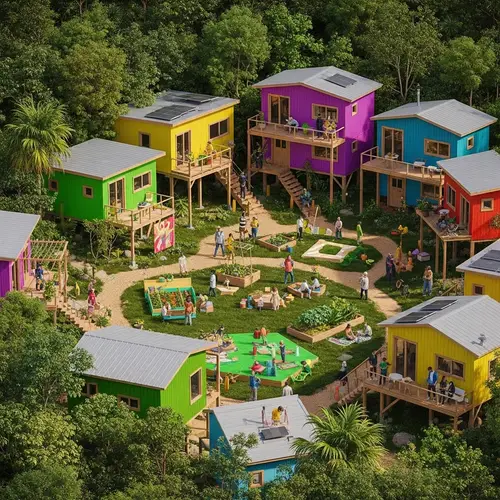 Vibrant Eco-Friendly Community Amid Lush Foliage and Colorful Homes