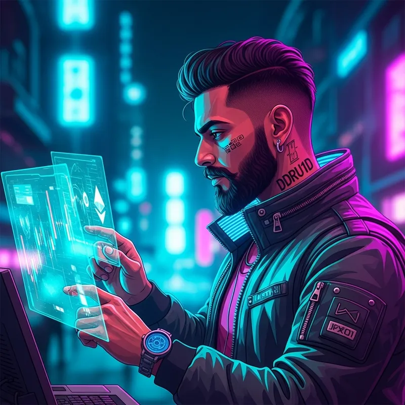 Bearded Man with DDRU1D Tattoo in Cyberpunk Style, Cryptocurrency Trader Bearded Man with DDRU1D Tattoo in Cyberpunk Style, Cryptocurrency Trader