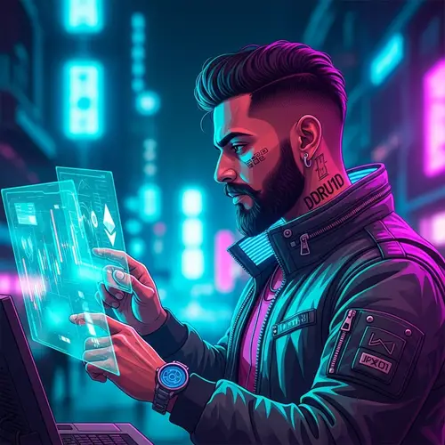Cyberpunk South Asian Man With 'DDRU1D' Tattoo Trading Cryptocurrency