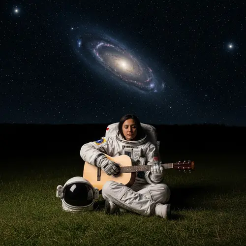 Hispanic Female Astronaut Playing Guitar on Grass at Night
