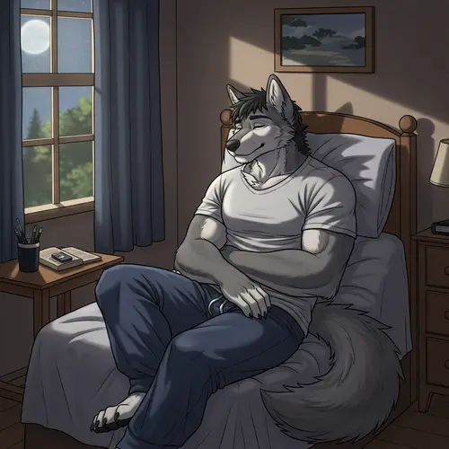 Relaxed Grey Wolf Anthro Asleep in Casual Sleepwear