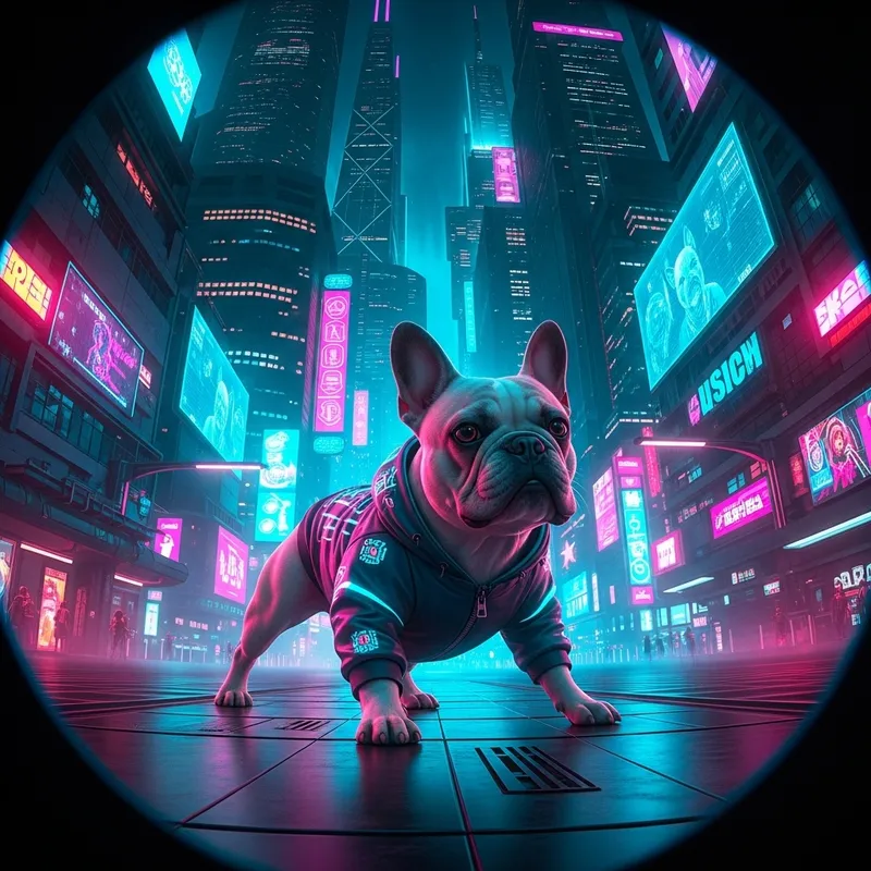 Vibrant Fisheye Cyberpunk French Bulldog in Futuristic City