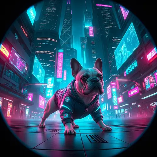 Vibrant Cyberpunk French Bulldog in Sci-Fi City