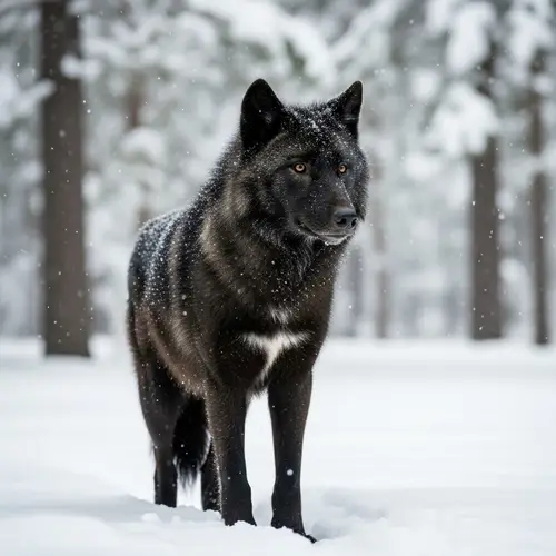 Majestic Black Wolf in Snowy Forest | Nature's Serenity