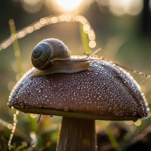 Macro Shot of Snail on Boletus Mushroom with Morning Dew