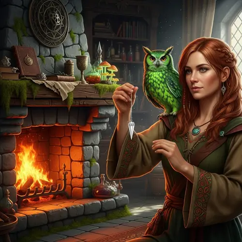 Red-Haired Woman with Crystal Pendulum and Green Owl in Fantastical Setting