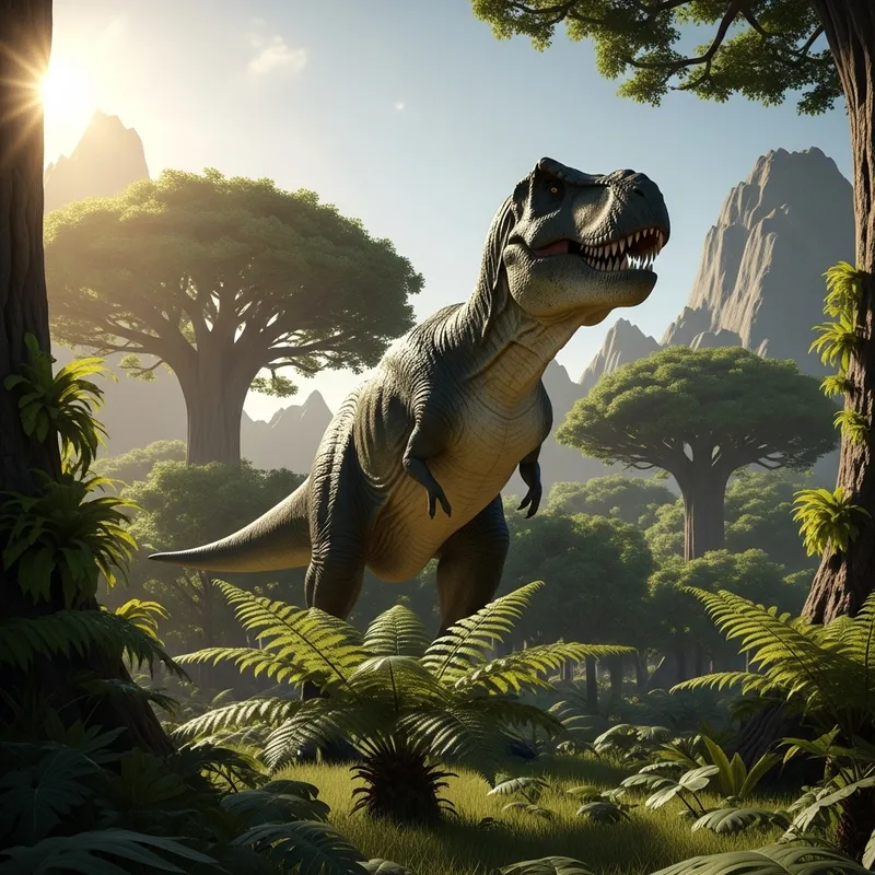 Roaring T-Rex in Majestic Dinosaur Landscape
