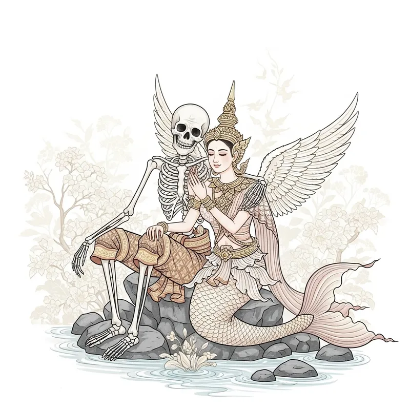 Enchanting Thai Folklore Art: Tale of Skeleton Grandpa and Mermaid Angel