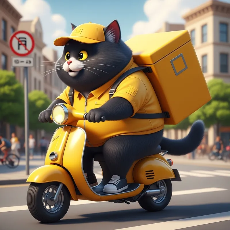 Chubby Black Cat Courier on Yellow Moped | Realistic Illustration