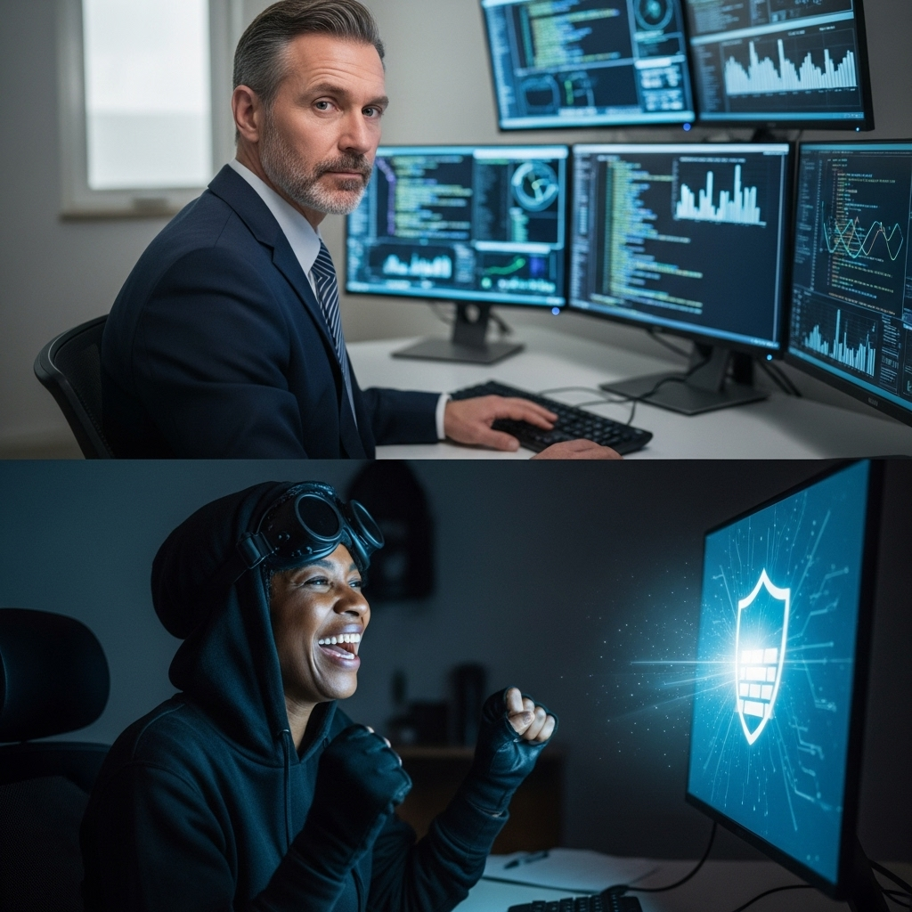 Hilarious Cybersecurity Meme: The Hacker vs. The Exec | AI Art Generator |  Easy-Peasy.AI