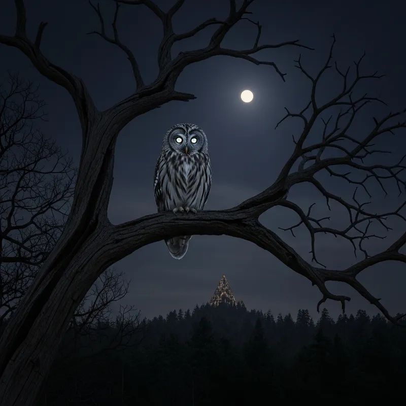 Mysterious Owl Perched on Weather-Worn Tree at Night