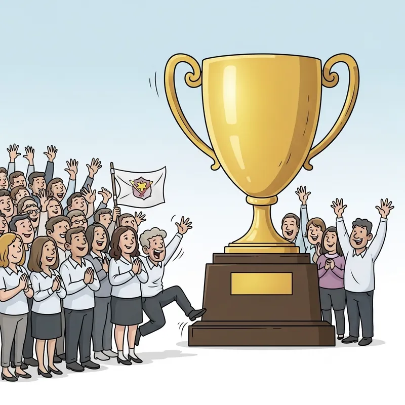 Diverse Crowd Cheering with Oversized Trophy | Editorial Cartoon Scene