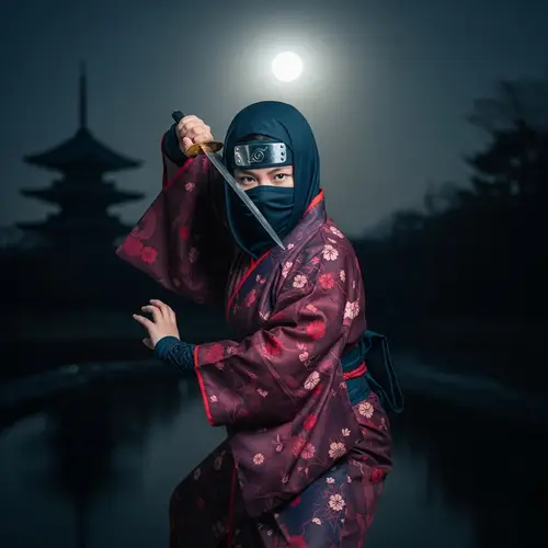 Asian Ninja Girl in Traditional Kimono | Combat Pose