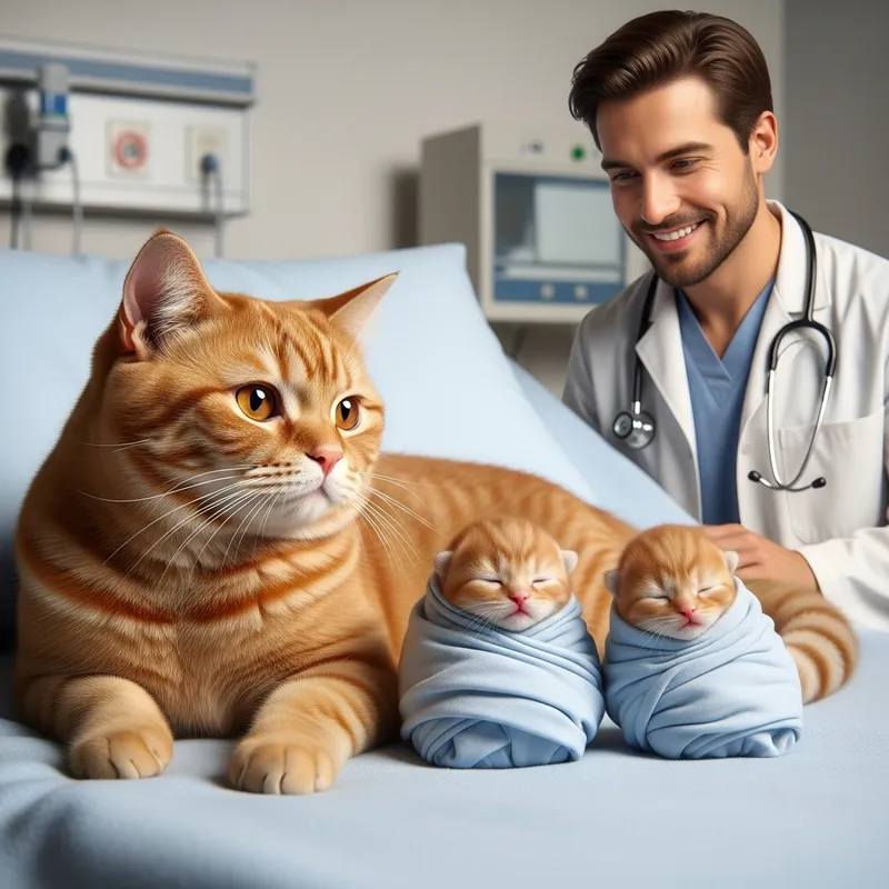 Redhead Cat on Maternity Ward Bed with Newborn Kittens