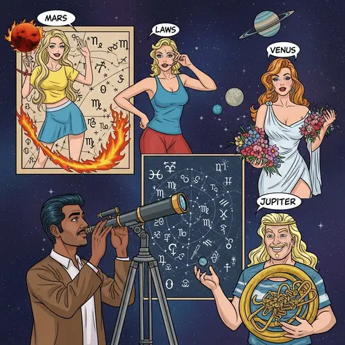 Comic Style Astrology Transits: South Asian Astrologer and Celestial Planets