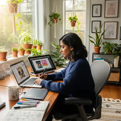 Freelance Graphic Designer in Cozy Home Office | Creative Workspace
