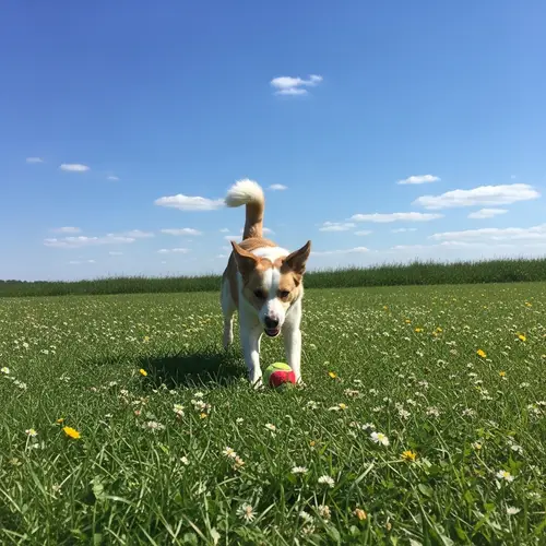 Energetic Dog Playing Ball in Sunny Grassy Field
