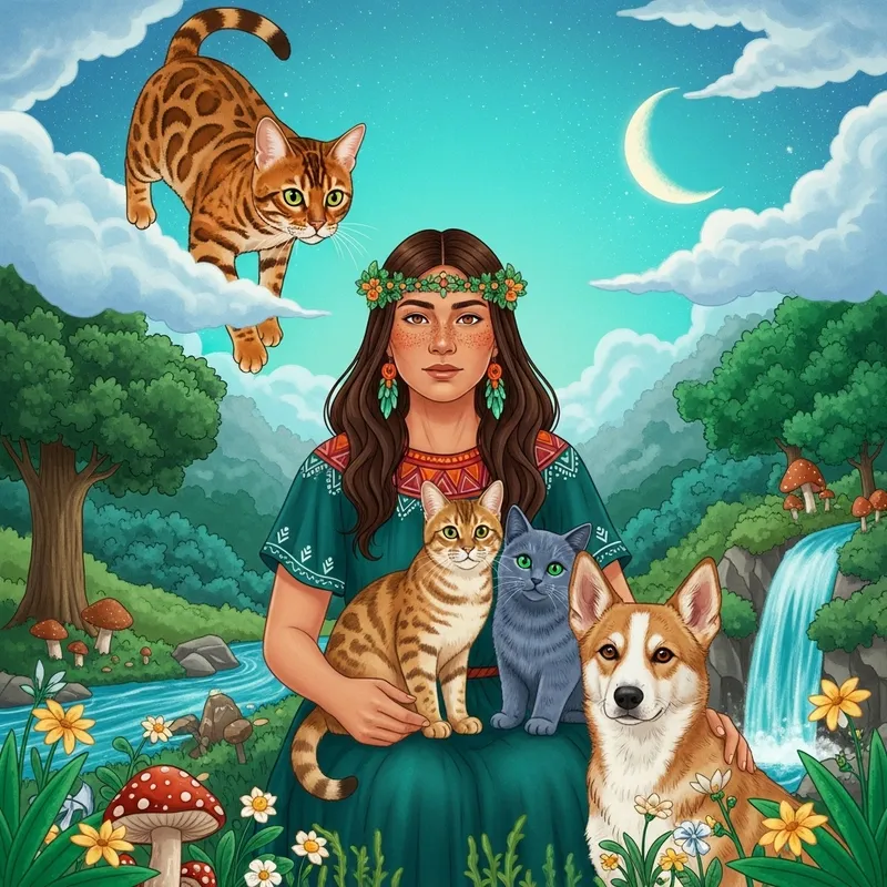 Bengali Cat and Shaman Healer Woman with Nature Spirits Bengali Cat and Shaman Healer Woman with Nature Spirits