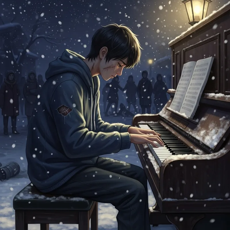 Asian Teen Playing Piano in Snowy Night Harmony