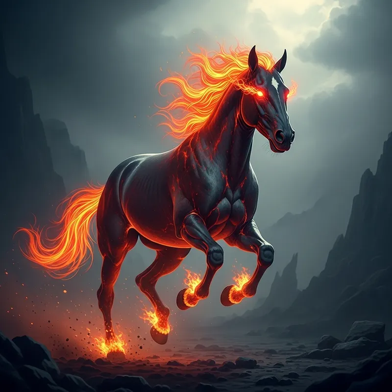 Fiery Demon Horse Galloping in Dramatic Landscape