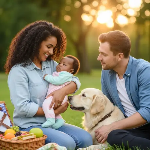 Loving Family Outdoors: Heartwarming Scene with Mother, Father, and Baby