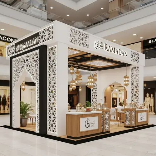 Modern Ramadan Stand Mockup in Busy Mall | Islamic Design