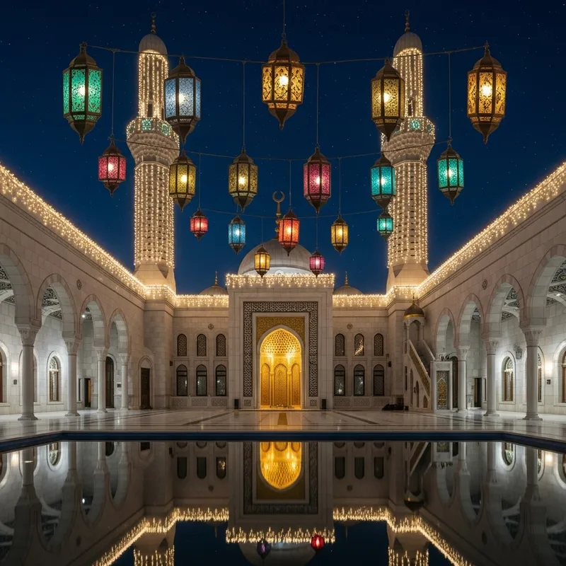 Beautiful Mosque Decorated for Ramadan | Lanterns & Lights
