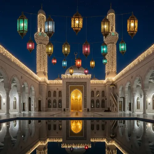 Elegant Mosque Decorated for Ramadan | Islamic Lanterns & Lights