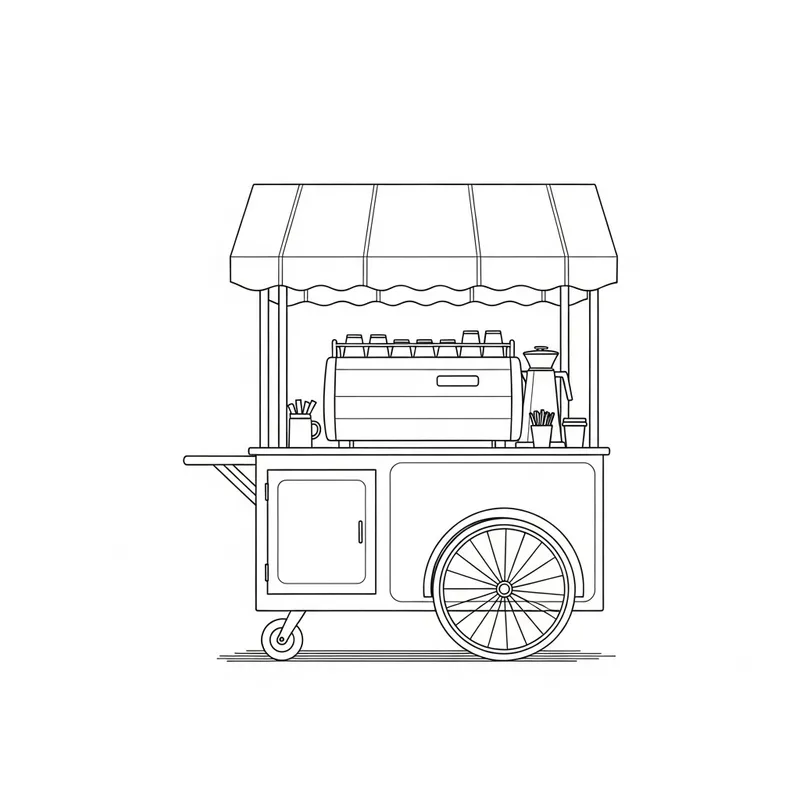Minimalist Coffee Cart Sketch | Large, Clean Lines, Front View