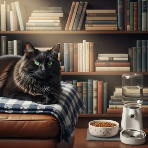 Fluffy Cat with Emerald Green Eyes on Checkered Blanket