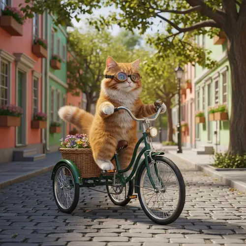 Cat Riding Three-Wheeled Bicycle | Fun Animal Transportation