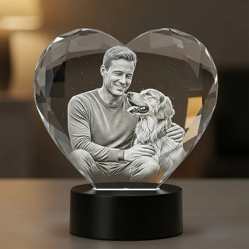 Subsurface 3D Engraving of Person and Dog in Crystal Heart on LED Base