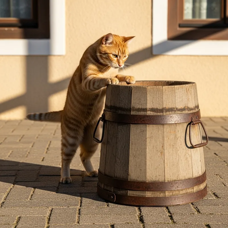 Playful Cat Jumping with Antique Wooden Water Gallon