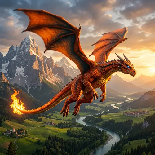 Majestic Fire Dragon Soaring Over Fantasy Landscape
