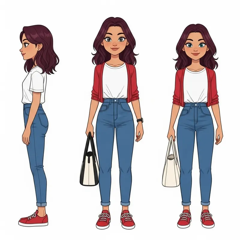 Detailed 3D Character Design Sheet of a 20-Year-Old Girl in Korean Animation Style
