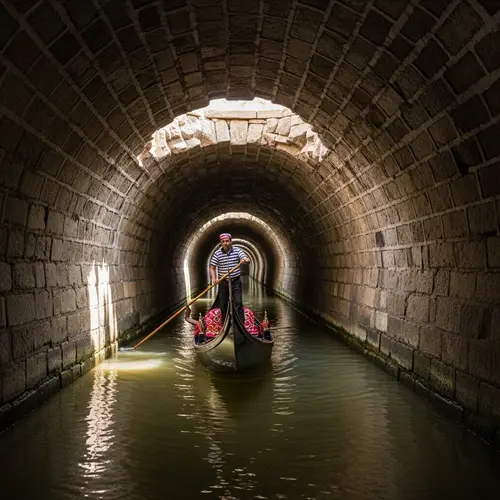 South Asian Gondolier Navigating Dark Sewer Tunnel