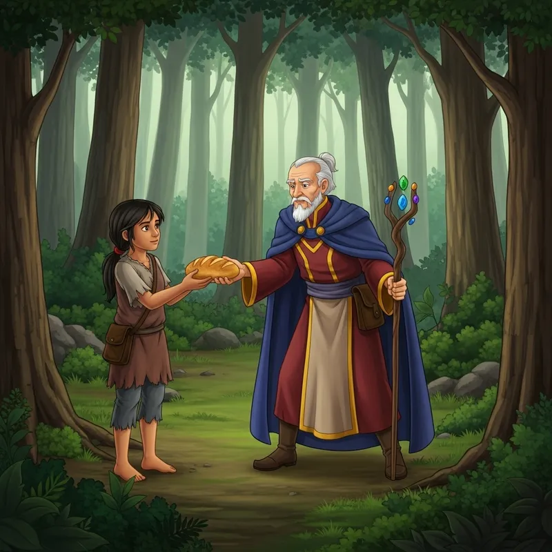 Poverty-Stricken Hispanic Girl in Woods Receives Bread from Old Caucasian Magician