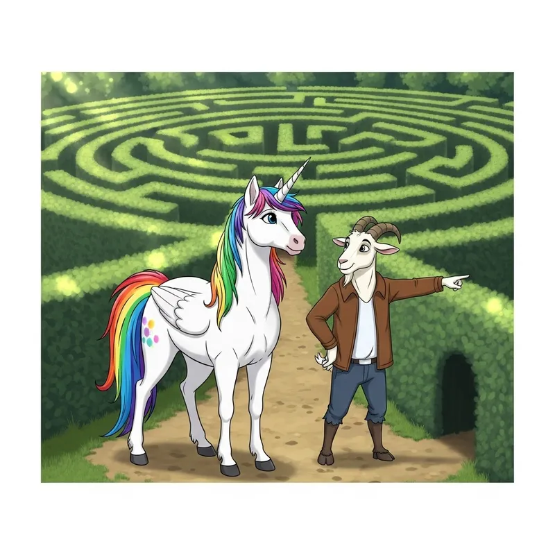 Majestic White Unicorn and Friendly Goat in Enchanted Labyrinth