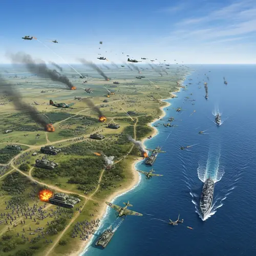 WW2 Battle Aerial View - Military Conflict Scene Display