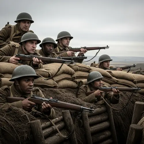 Detailed Trench Warfare Scene with Diverse Soldiers