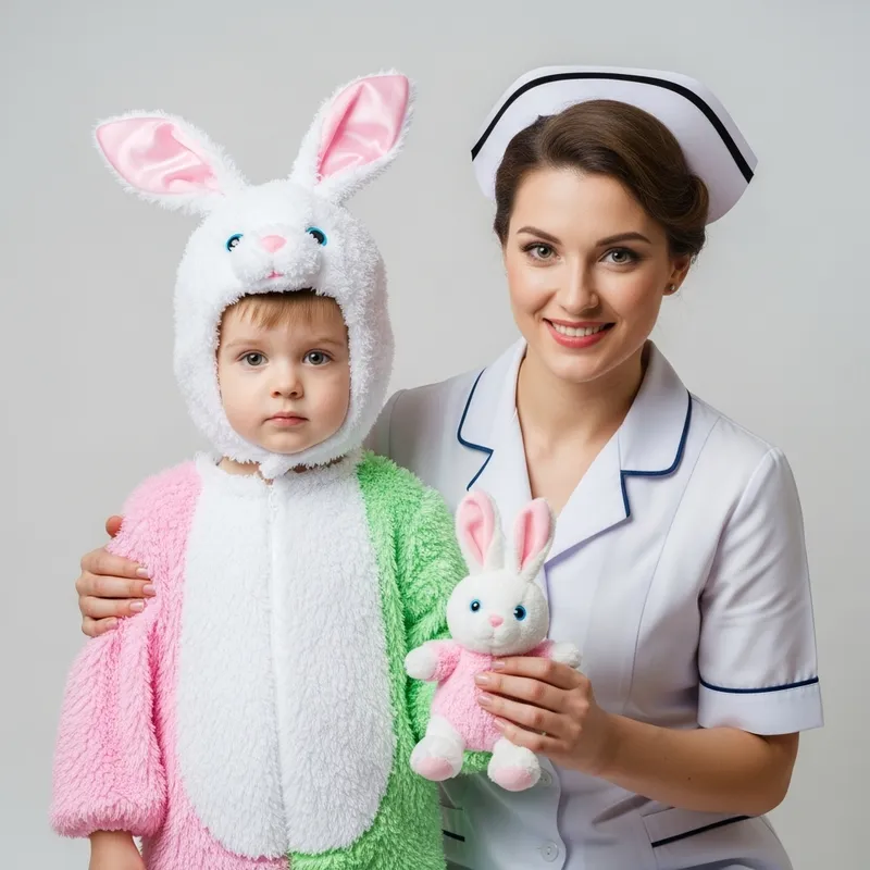 Adorable Bunny Boy and Nurse: Heartfelt Caregiver Moment Adorable Bunny Boy and Nurse: Heartfelt Caregiver Moment