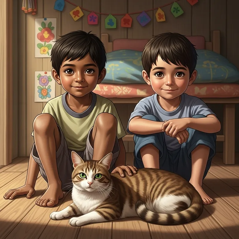 Happy Boys Relaxing with Cat