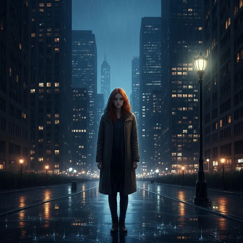 Lonely Red-Haired Girl in Dark Rainy City | Melancholic Scene Lonely Red-Haired Girl in Dark Rainy City | Melancholic Scene