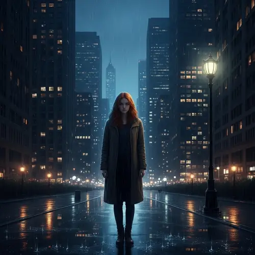 Lonely Red-Haired Girl in Dark Rainy City