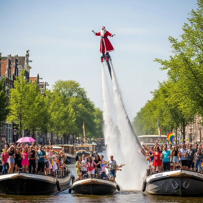 Sinterklaas Soaring with Jet-Pack at Canal Pride in Amsterdam