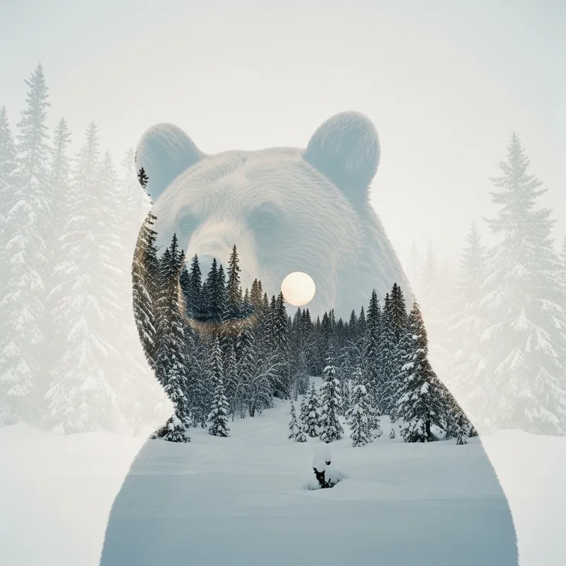 Anachronistic Double Exposure: Surreal Bear Portrait in Snowy Landscape